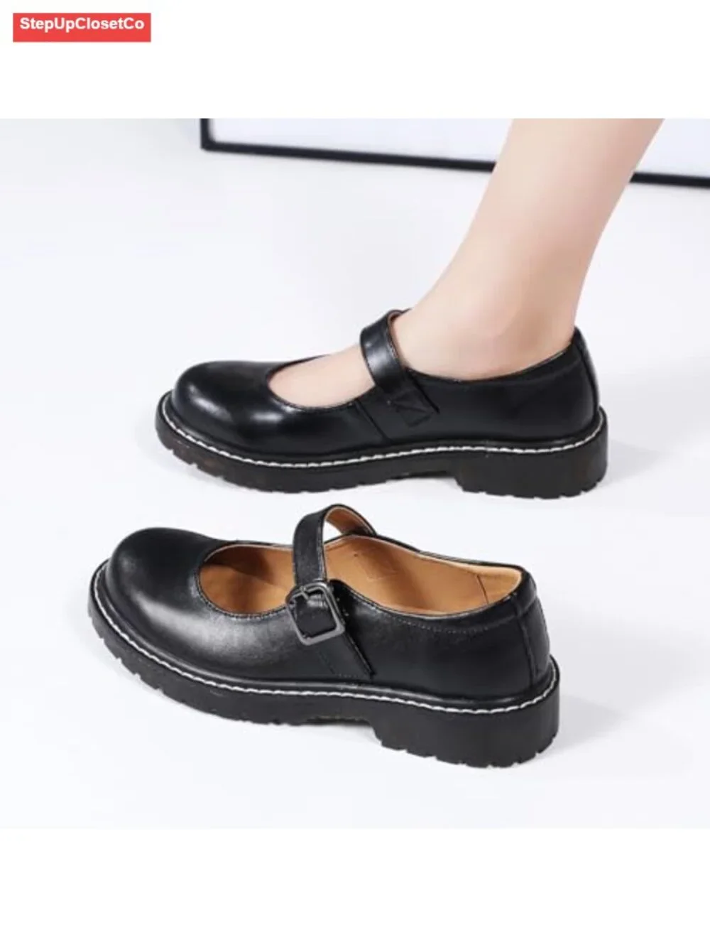 XMM Mary Jane Shoes Women Oxfords Leather Round Toe Flats Non-Slip Ankle Buckle